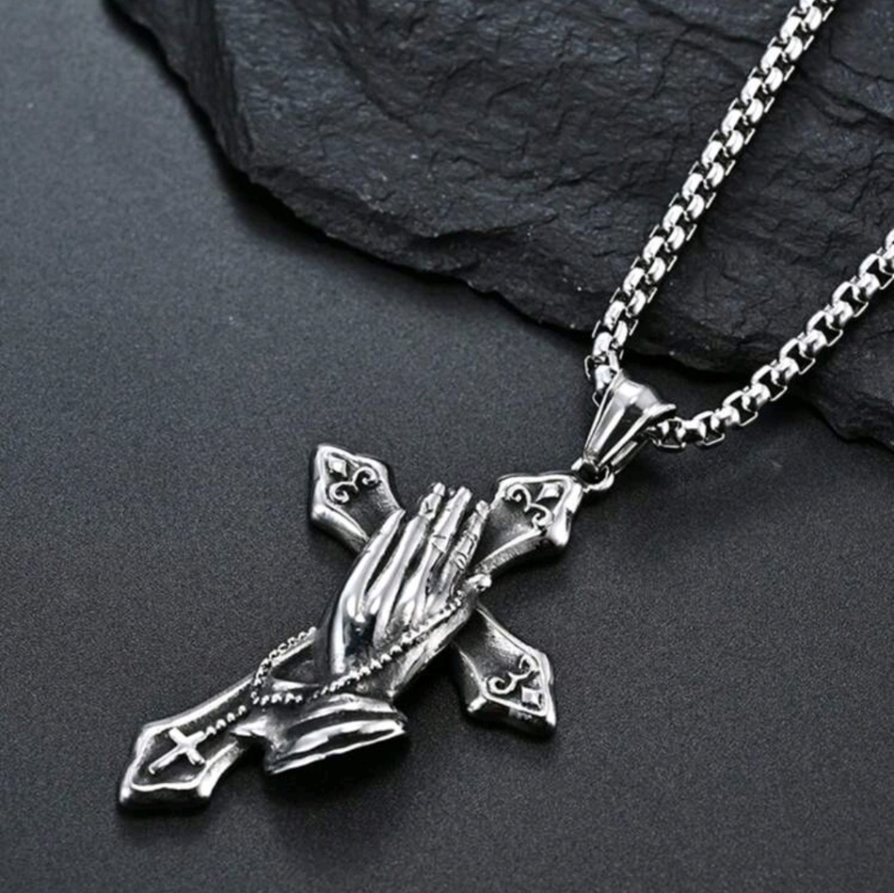 Silver Cross Pendant with Praying Hands